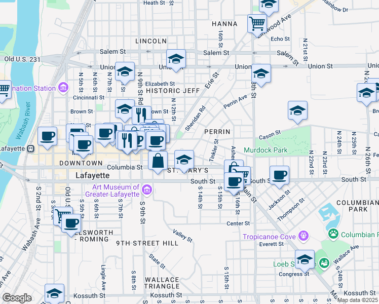 map of restaurants, bars, coffee shops, grocery stores, and more near 1217 Main Street in Lafayette