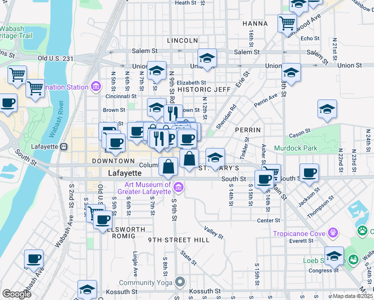 map of restaurants, bars, coffee shops, grocery stores, and more near 925 Main Street in Lafayette