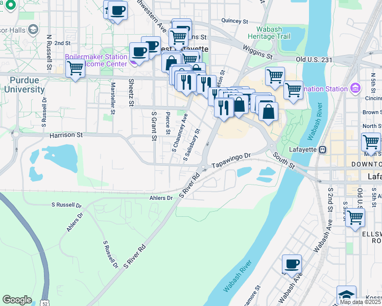 map of restaurants, bars, coffee shops, grocery stores, and more near 271 South River Road in West Lafayette