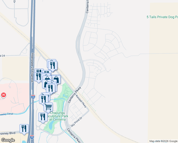 map of restaurants, bars, coffee shops, grocery stores, and more near Centerra Parkway in Loveland
