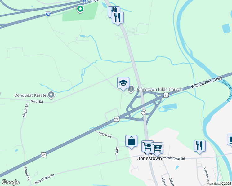 map of restaurants, bars, coffee shops, grocery stores, and more near 19 Silvertown Road in Jonestown