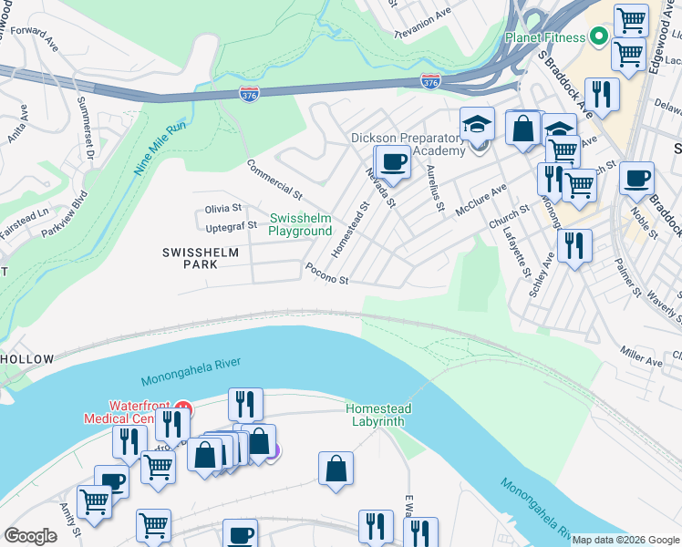 map of restaurants, bars, coffee shops, grocery stores, and more near 1340 Pocono Street in Pittsburgh