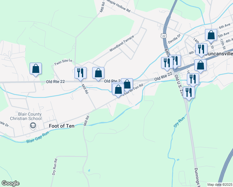 map of restaurants, bars, coffee shops, grocery stores, and more near 450 Foot of Ten Road in Duncansville