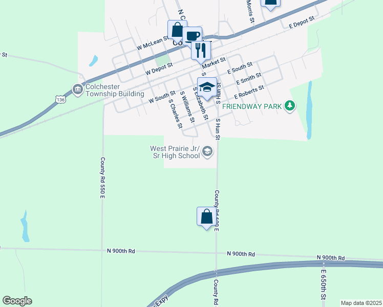 map of restaurants, bars, coffee shops, grocery stores, and more near 600 South Hun Street in Colchester