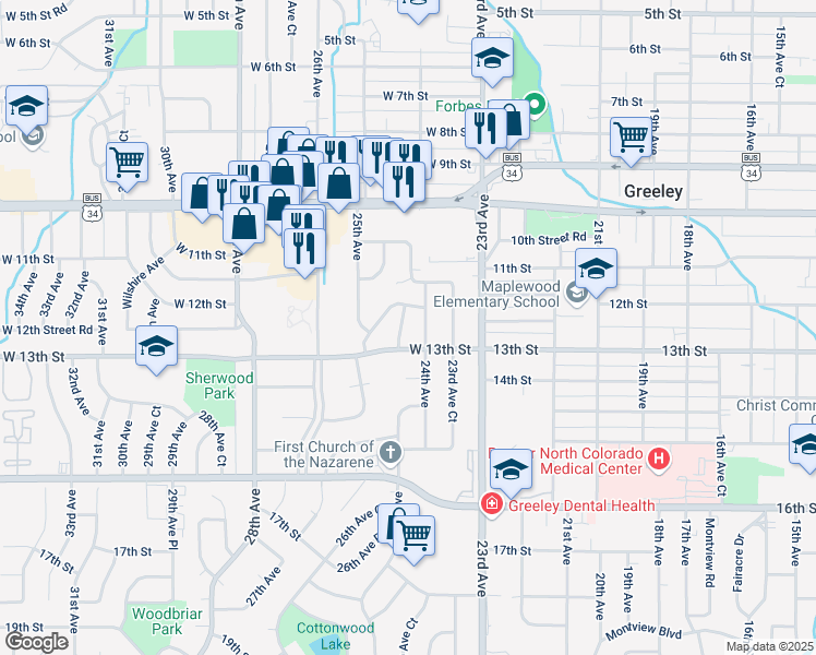 map of restaurants, bars, coffee shops, grocery stores, and more near 1233 24th Avenue Court in Greeley