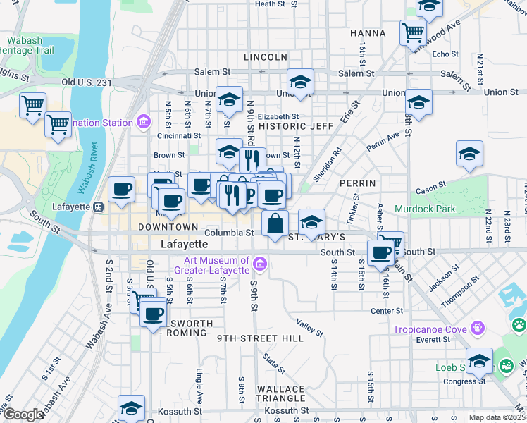 map of restaurants, bars, coffee shops, grocery stores, and more near 920 Main Street in Lafayette