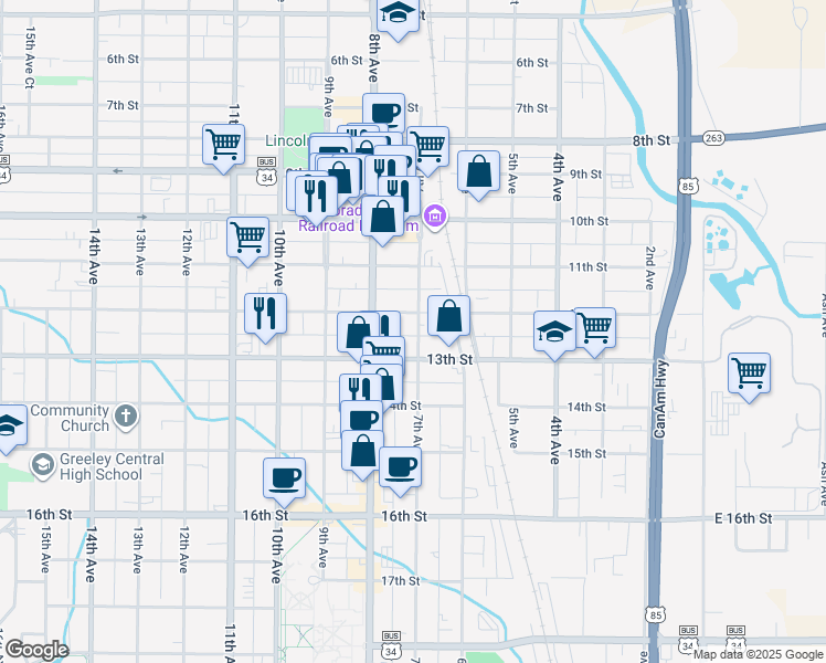 map of restaurants, bars, coffee shops, grocery stores, and more near 1213 7th Avenue in Greeley