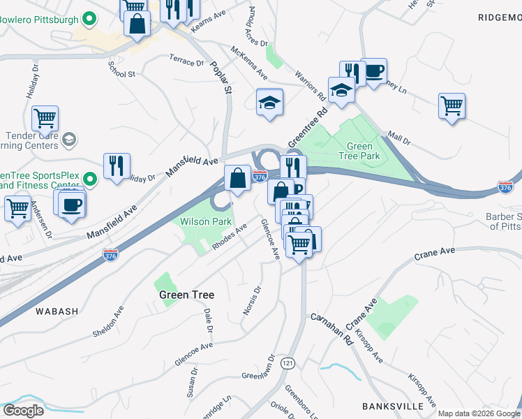 map of restaurants, bars, coffee shops, grocery stores, and more near 962 Glencoe Avenue in Pittsburgh