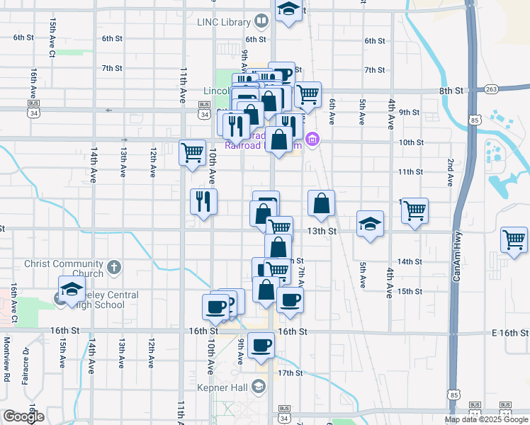 map of restaurants, bars, coffee shops, grocery stores, and more near 1221 U.S. 85 Business in Greeley
