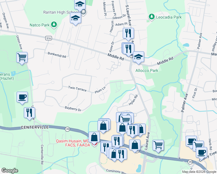 map of restaurants, bars, coffee shops, grocery stores, and more near 13 Beacon Court in Holmdel