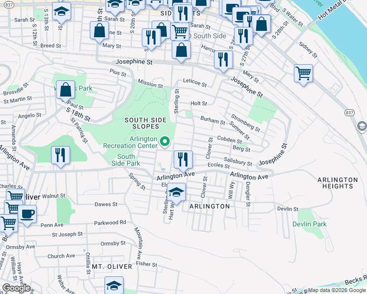 map of restaurants, bars, coffee shops, grocery stores, and more near 2303 Salisbury Street in Pittsburgh