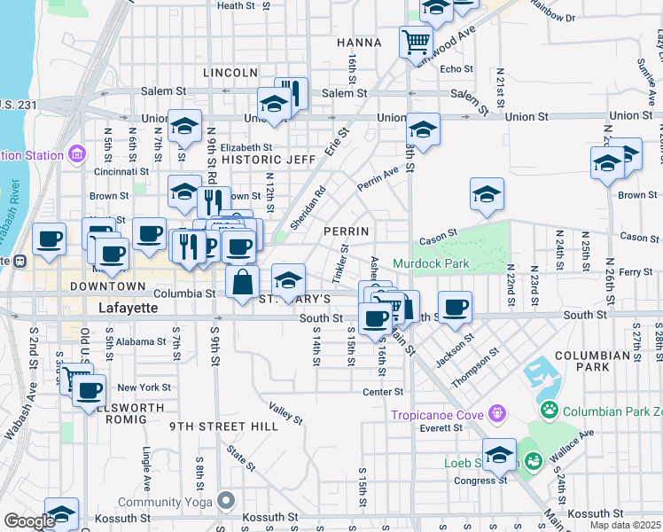 map of restaurants, bars, coffee shops, grocery stores, and more near 204 Tinkler Street in Lafayette