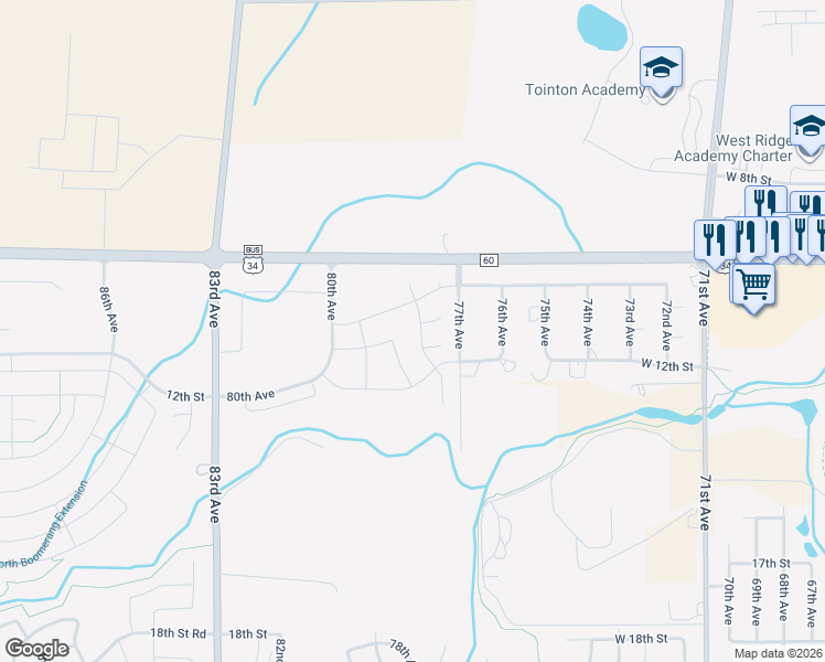 map of restaurants, bars, coffee shops, grocery stores, and more near 1110 78th Avenue in Greeley