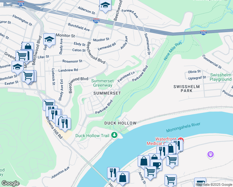 map of restaurants, bars, coffee shops, grocery stores, and more near Parkview Boulevard in Pittsburgh