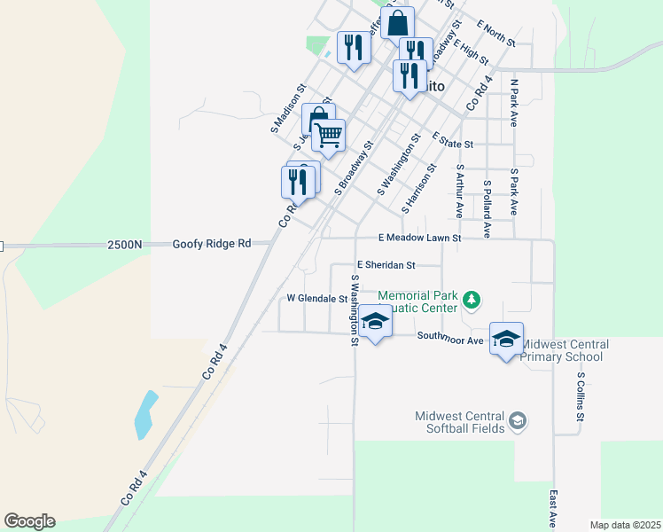 map of restaurants, bars, coffee shops, grocery stores, and more near 701 Meadow Lane in Manito