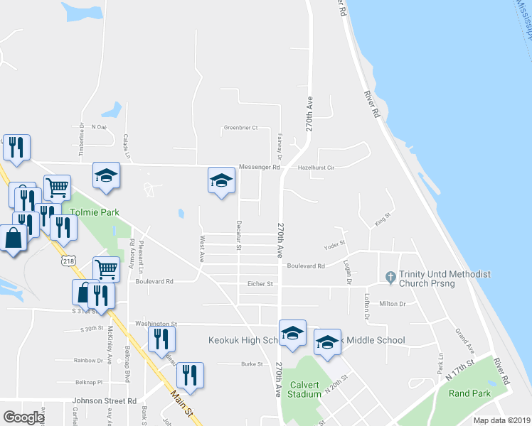 map of restaurants, bars, coffee shops, grocery stores, and more near 2900 Sunset Terrace in Keokuk