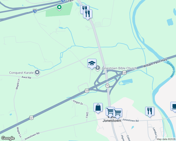 map of restaurants, bars, coffee shops, grocery stores, and more near 19 Silvertown Road in Jonestown