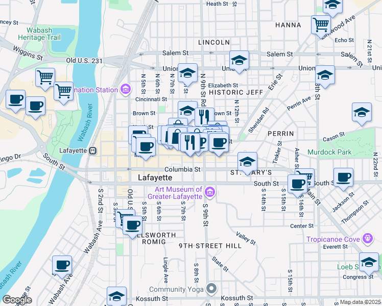 map of restaurants, bars, coffee shops, grocery stores, and more near 123 North 8th Street in Lafayette