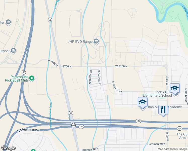 map of restaurants, bars, coffee shops, grocery stores, and more near 4445 West 2600 North in Lehi