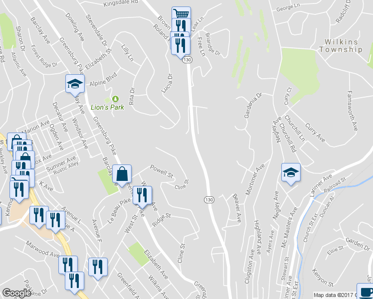 map of restaurants, bars, coffee shops, grocery stores, and more near 567 Brown Avenue in Turtle Creek
