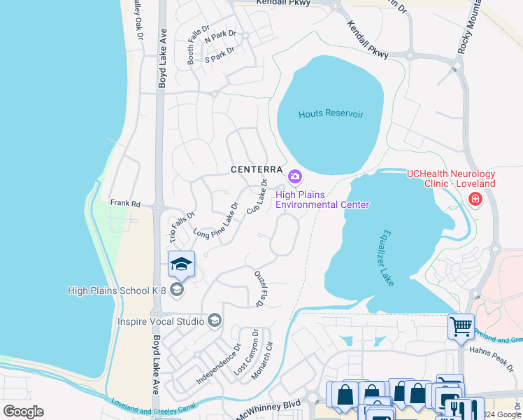 map of restaurants, bars, coffee shops, grocery stores, and more near 2762 Cub Lake Drive in Loveland
