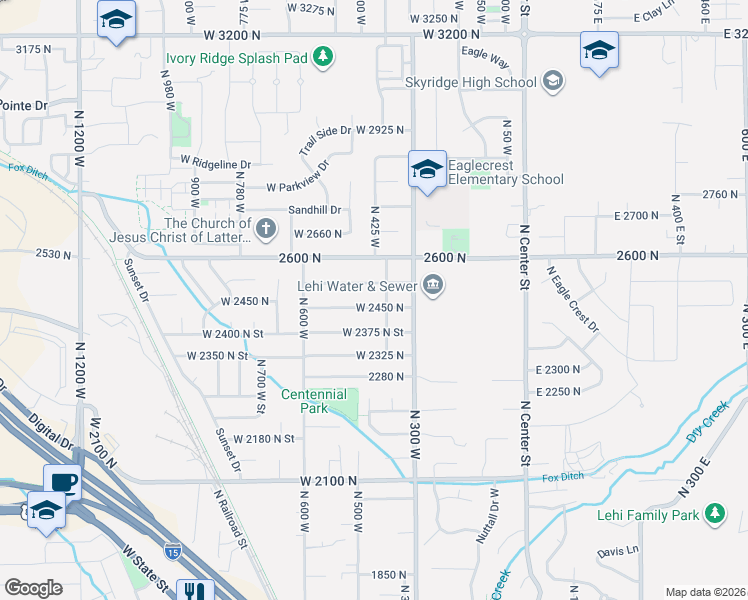 map of restaurants, bars, coffee shops, grocery stores, and more near 439 West 2450 North Street in Lehi