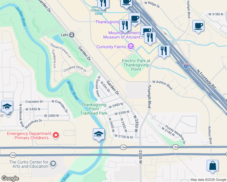 map of restaurants, bars, coffee shops, grocery stores, and more near 2505 North Elm Drive in Lehi
