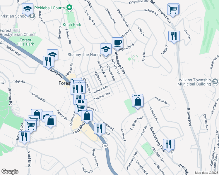 map of restaurants, bars, coffee shops, grocery stores, and more near 404 Lenox Avenue in Pittsburgh
