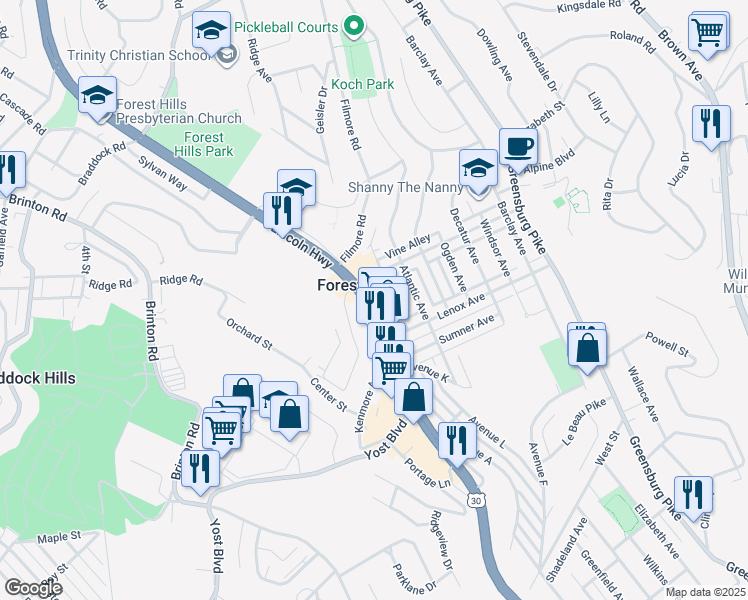 map of restaurants, bars, coffee shops, grocery stores, and more near 2131 U.S. 30 in Pittsburgh