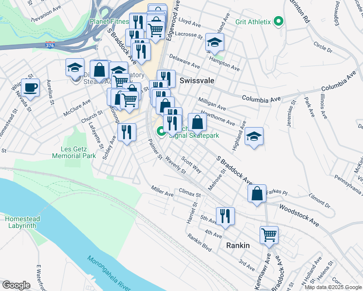 map of restaurants, bars, coffee shops, grocery stores, and more near 2227 Woodstock Avenue in Pittsburgh