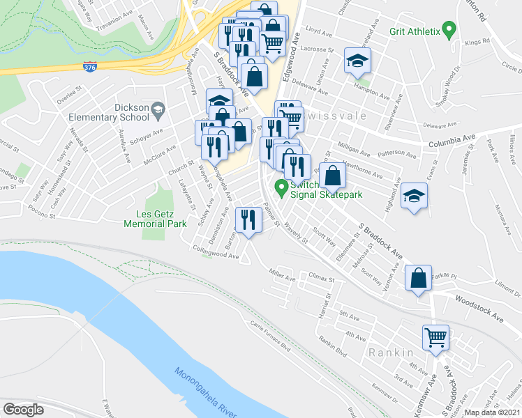 map of restaurants, bars, coffee shops, grocery stores, and more near 7429 Duquesne Avenue in Pittsburgh
