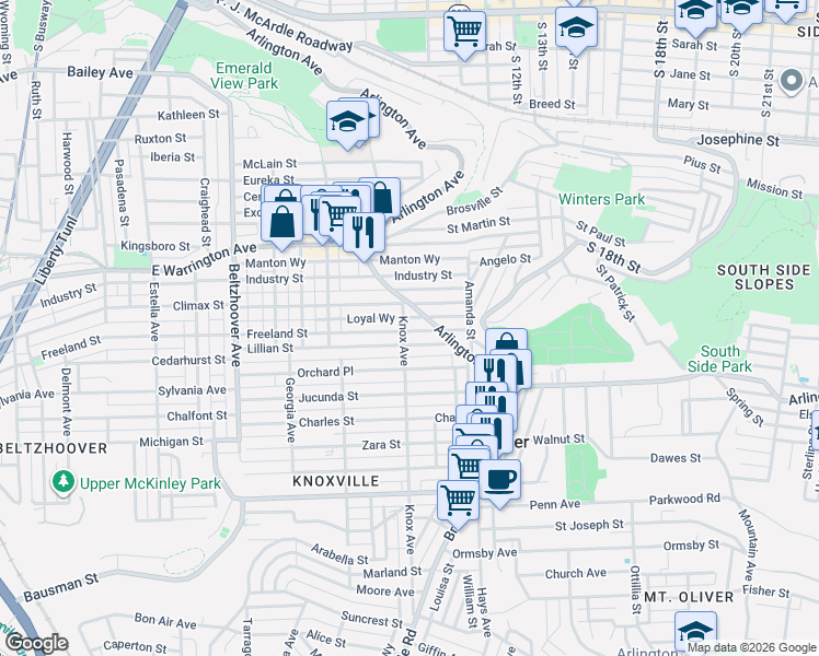 map of restaurants, bars, coffee shops, grocery stores, and more near 405 Knox Avenue in Pittsburgh
