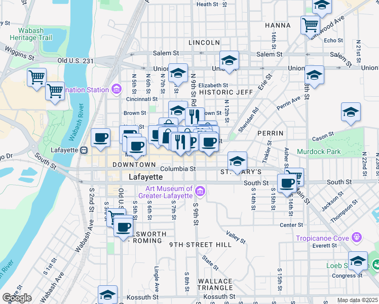 map of restaurants, bars, coffee shops, grocery stores, and more near 123 North 8th Street in Lafayette