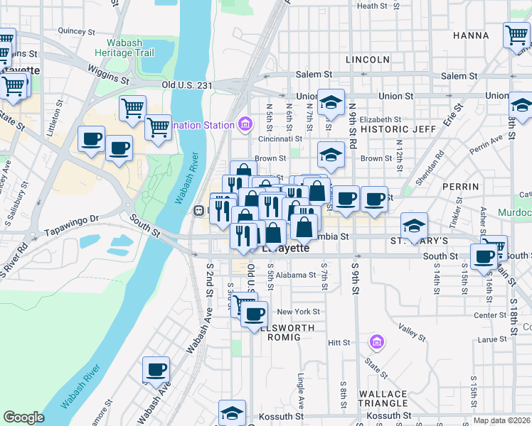 map of restaurants, bars, coffee shops, grocery stores, and more near in Lafayette