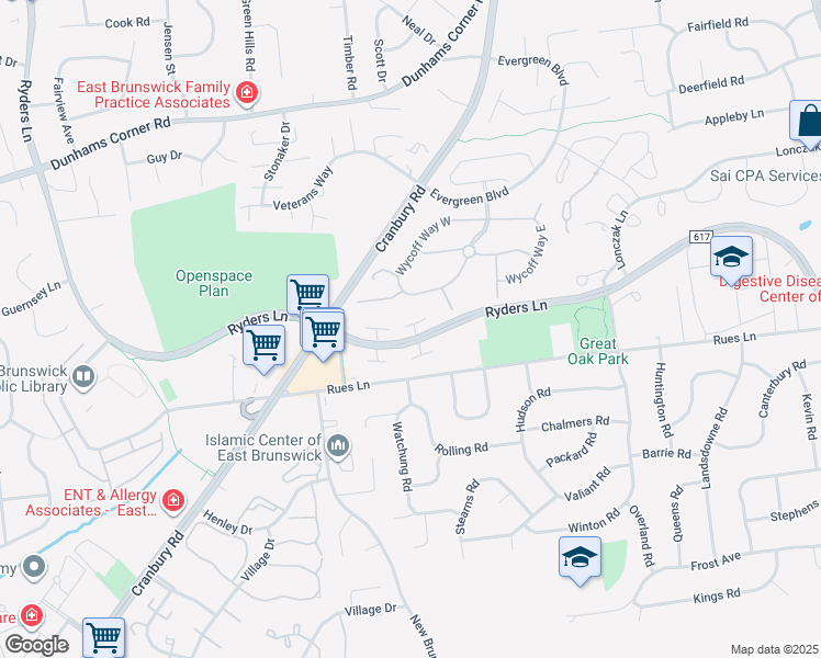 map of restaurants, bars, coffee shops, grocery stores, and more near 21 Sheffield Court in East Brunswick