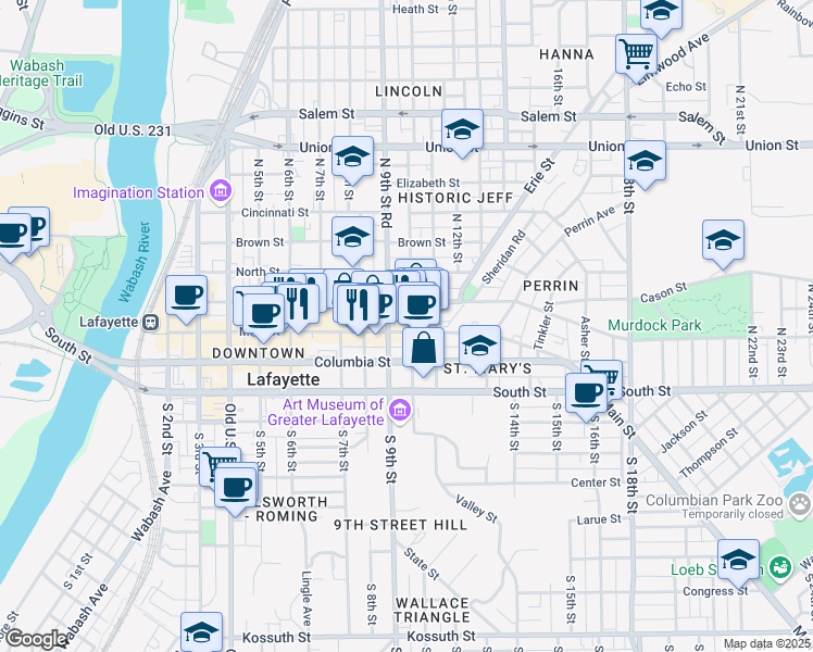 map of restaurants, bars, coffee shops, grocery stores, and more near 926 Main Street in Lafayette