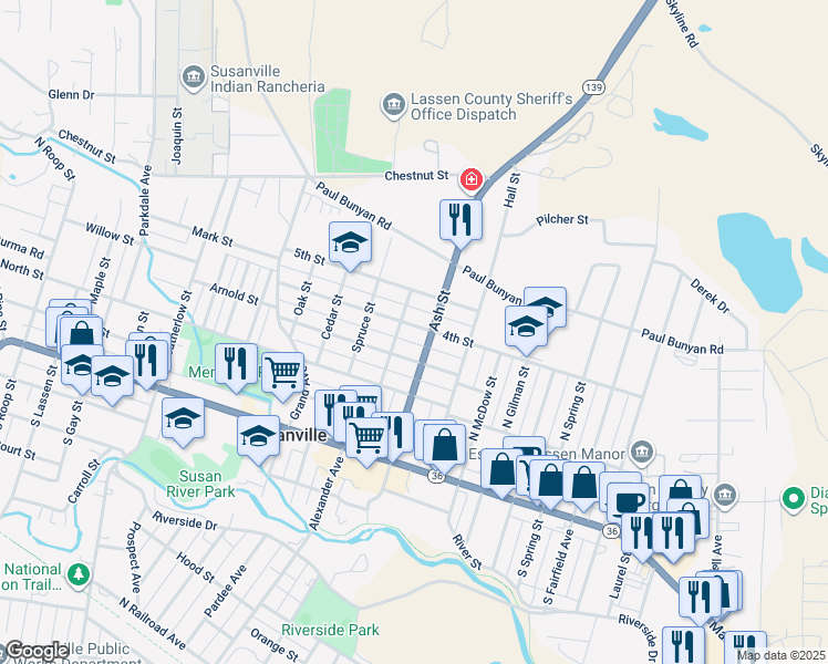 map of restaurants, bars, coffee shops, grocery stores, and more near 1614 4th Street in Susanville