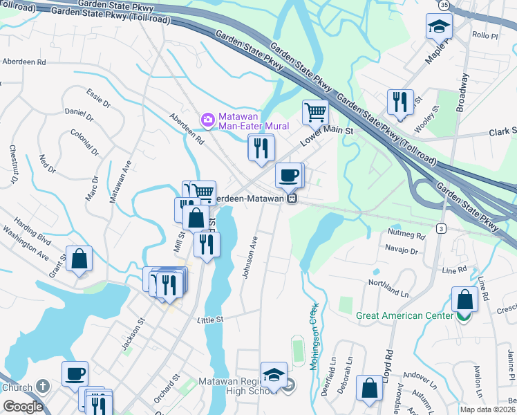 map of restaurants, bars, coffee shops, grocery stores, and more near 2 Johnson Avenue in Matawan