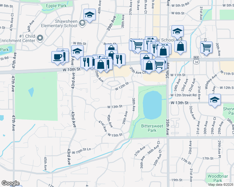 map of restaurants, bars, coffee shops, grocery stores, and more near 3950 West 12th Street in Greeley