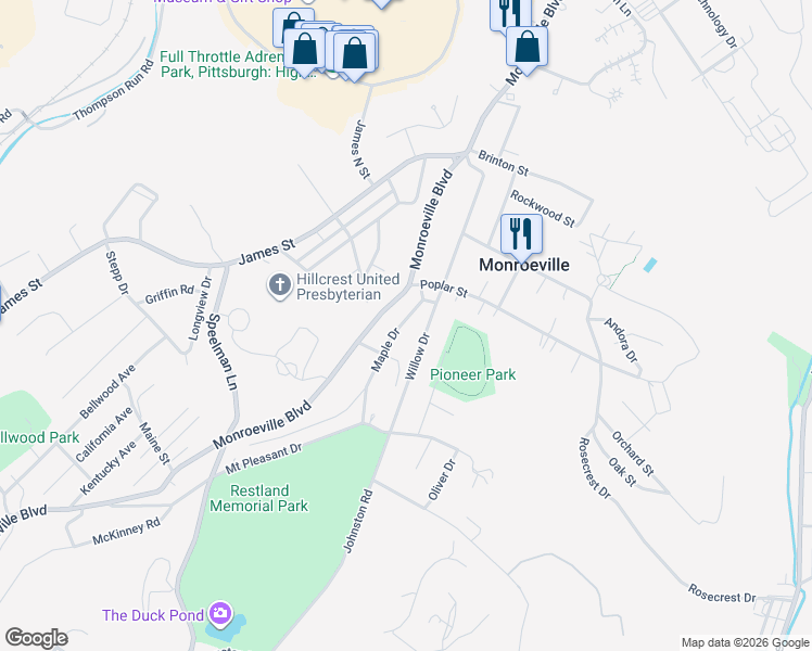 map of restaurants, bars, coffee shops, grocery stores, and more near 222 Willow Drive in Monroeville