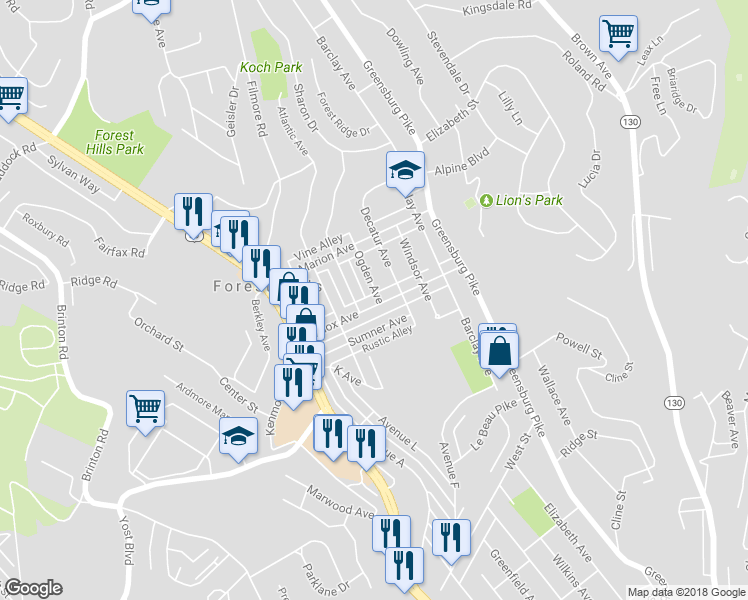 map of restaurants, bars, coffee shops, grocery stores, and more near 313 Lenox Avenue in Pittsburgh