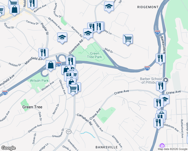 map of restaurants, bars, coffee shops, grocery stores, and more near 45 Pocono Drive in Pittsburgh