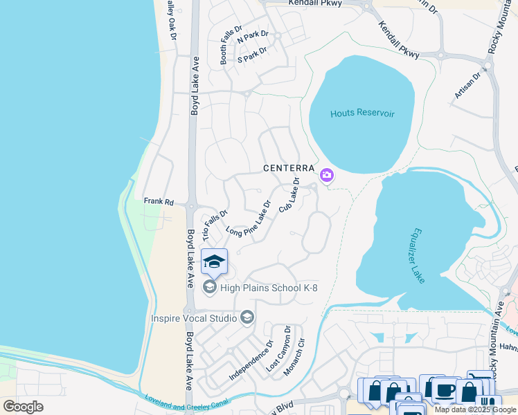 map of restaurants, bars, coffee shops, grocery stores, and more near 2704 Saltbrush Drive in Loveland