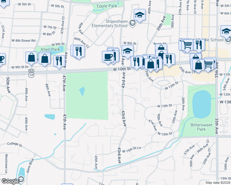 map of restaurants, bars, coffee shops, grocery stores, and more near 7 Ward Drive in Greeley