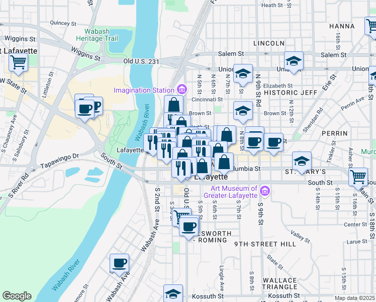 map of restaurants, bars, coffee shops, grocery stores, and more near 336 Main Street in Lafayette
