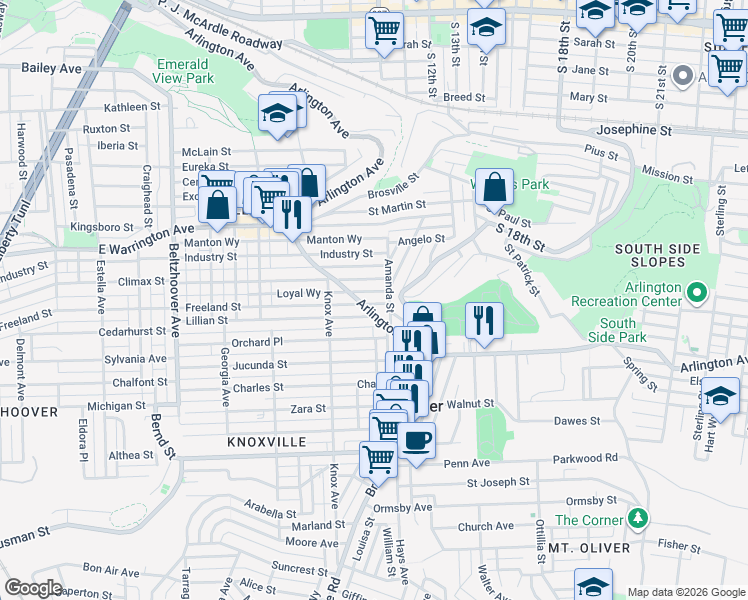 map of restaurants, bars, coffee shops, grocery stores, and more near 1508 Arlington Avenue in Pittsburgh