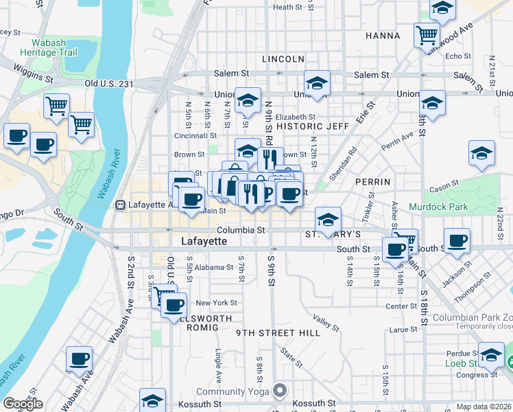 map of restaurants, bars, coffee shops, grocery stores, and more near 822 Main Street in Lafayette