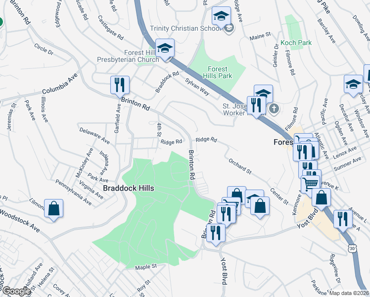 map of restaurants, bars, coffee shops, grocery stores, and more near 1510 Brinton Road in Pittsburgh