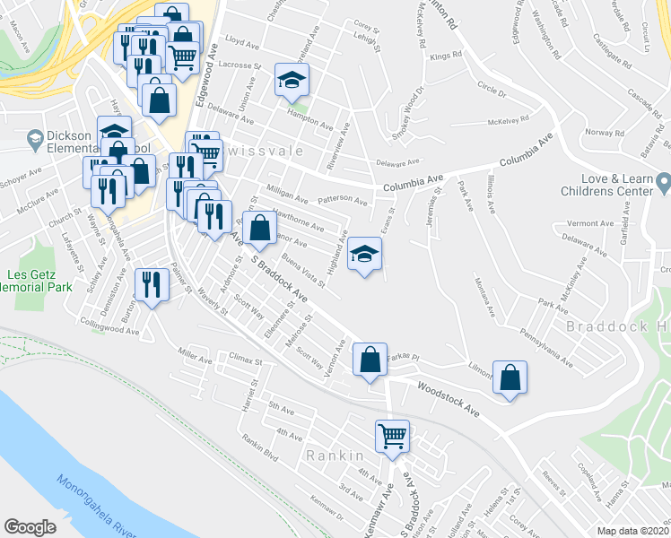map of restaurants, bars, coffee shops, grocery stores, and more near 7640 Highland Avenue in Pittsburgh