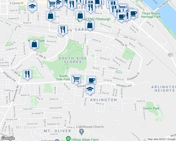 map of restaurants, bars, coffee shops, grocery stores, and more near 2306 Patterson St in Pittsburgh